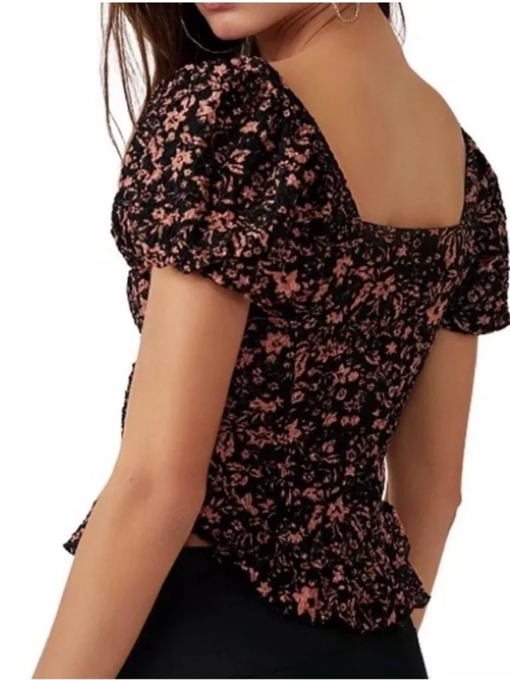 Free People Oh Baby Cropped Textured Puff Sleeve Blouse Black Size L Whimsigoth